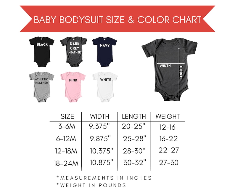 baby bodysuit size and color chart