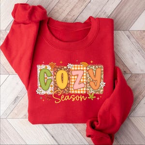 K&ouml;nnte beinhalten: Ein rotes Sweatshirt mit dem Schriftzug "COZY Season" in einem farbenfrohen Patchwork-Design. Die Buchstaben sind in verschiedenen Farben und Mustern gehalten, darunter Gr&uuml;n, Orange, Rosa und ein Vichy-Muster. Das Sweatshirt liegt auf einer Holzoberfl&auml;che.