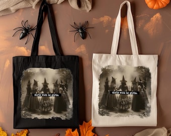Girls Will Be Girls Witch Tote Bag: Vintage Halloween Cotton Canvas