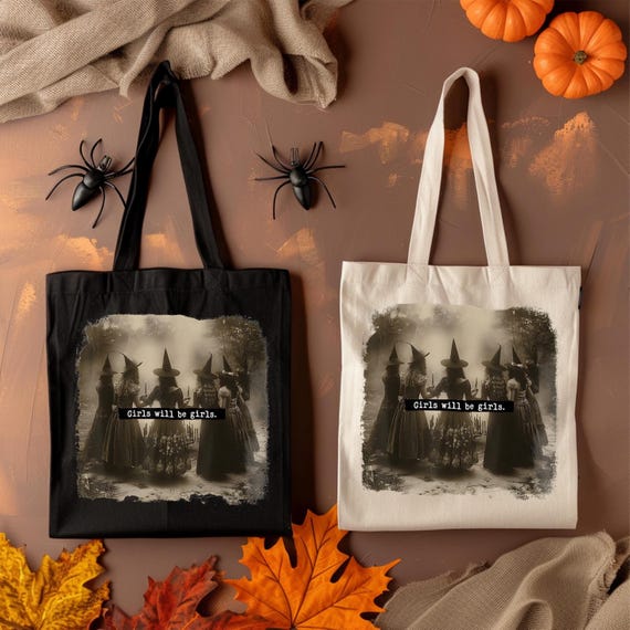 Girls Will Be Girls Witch Tote Bag: Vintage Halloween Cotton Canvas