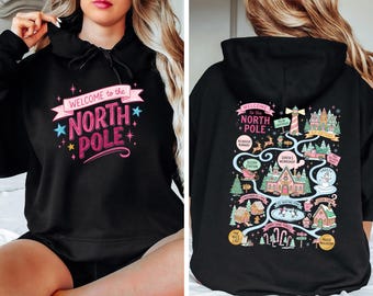 Preppy North Pole Christmas Hoodie, Vintage Christmas Map Hoodie, Pastel Holiday Pullover, Cute Santa Workshop Graphic Top