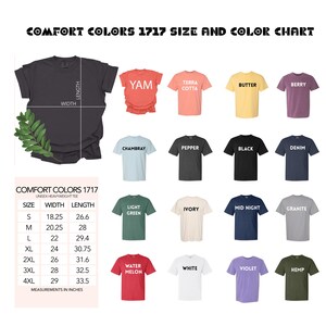 May include: A size and color chart for unisex heavyweight t-shirts in various colors, including black, white, red, blue, green, and yellow. The chart shows the width and length measurements in inches for sizes S through 4XL.