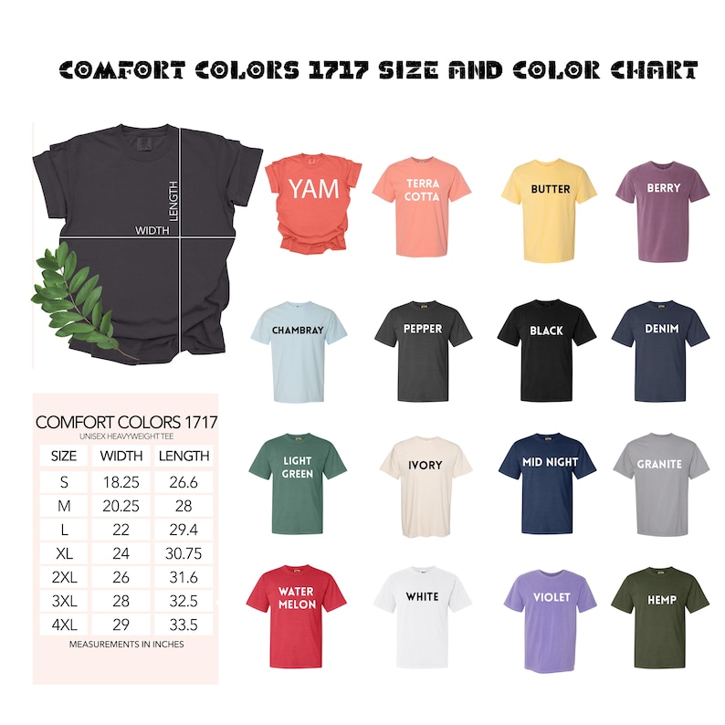 May include: A size and color chart for unisex heavyweight t-shirts in various colors, including black, white, red, blue, green, and yellow. The chart shows the width and length measurements in inches for sizes S through 4XL.