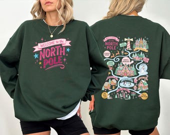 Preppy North Pole Christmas Sweatshirt, Vintage Christmas Map Sweatshirt, Pastel Holiday Pullover, Cute Santa Workshop Graphic Top
