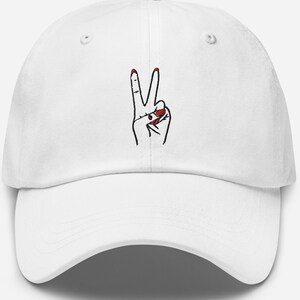 Embroidered Peace Sign Hat, Stylish Streetwear with Peace Sign Hand Gesture Drawing, Various Colors, Unique Urban Apparel, Dad Hat, Ball Cap
