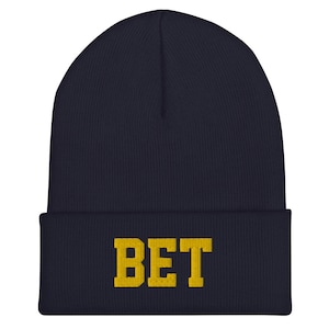 Bet Beanie, Knit Hat, Cold Weather Cap, Game Day Knit, Winter Hat, Football Weather Gear, #Bet, Go Sports, Blue Hat Yellow Letters