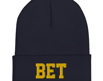 Blue Knit Beanie, Yellow "BET" Letters, Game Day Hat