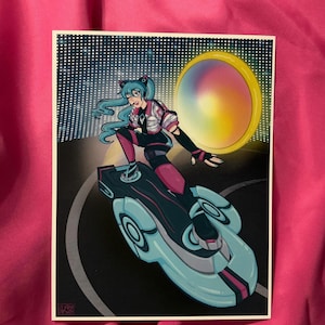 May include: An illustration of a character with teal hair and a futuristic outfit riding a light blue and black hoverboard. The background features a large, colorful orb and a dotted pattern.