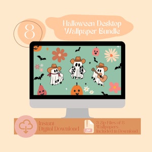 May include: A computer monitor displays a Halloween desktop wallpaper bundle. The wallpaper features cartoon ghosts wearing cowboy hats, pumpkins, flowers, and bats on a teal background. The image includes the text "Halloween Desktop Wallpaper Bundle."