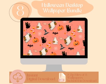 Niedliche Halloween Kürbis Katze + Boho Geist Desktop Wallpaper Bundle | Herbst Hintergrund | PC Hintergrundbild MAC Wallpaper Desktop ästhetik