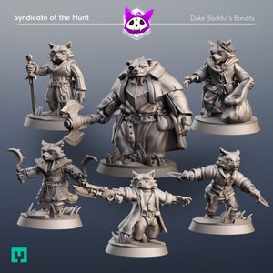 May include: Six miniature figurines of raccoons dressed in medieval clothing, holding weapons and tools. The figurines are painted in shades of gray and are standing on circular bases. The text "Syndicate of the Hunt" and "Duke Blackfur's Bandits" is visible in the image.