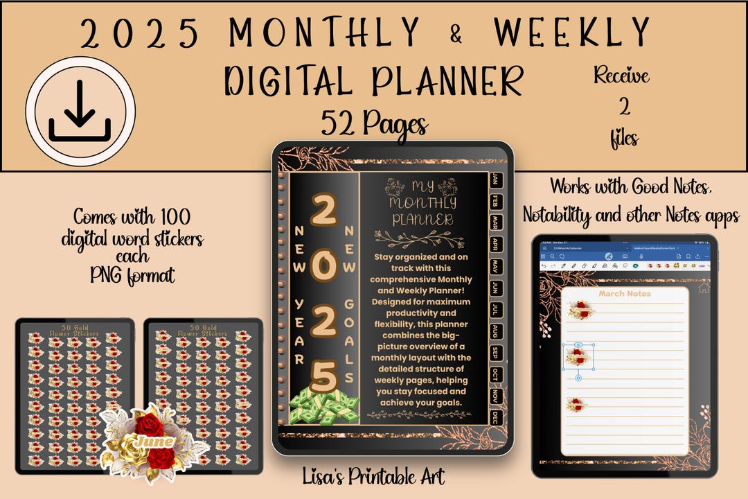 2025 Digital 52 Page Planner With Stickers Monthly and Weekly Layouts ...