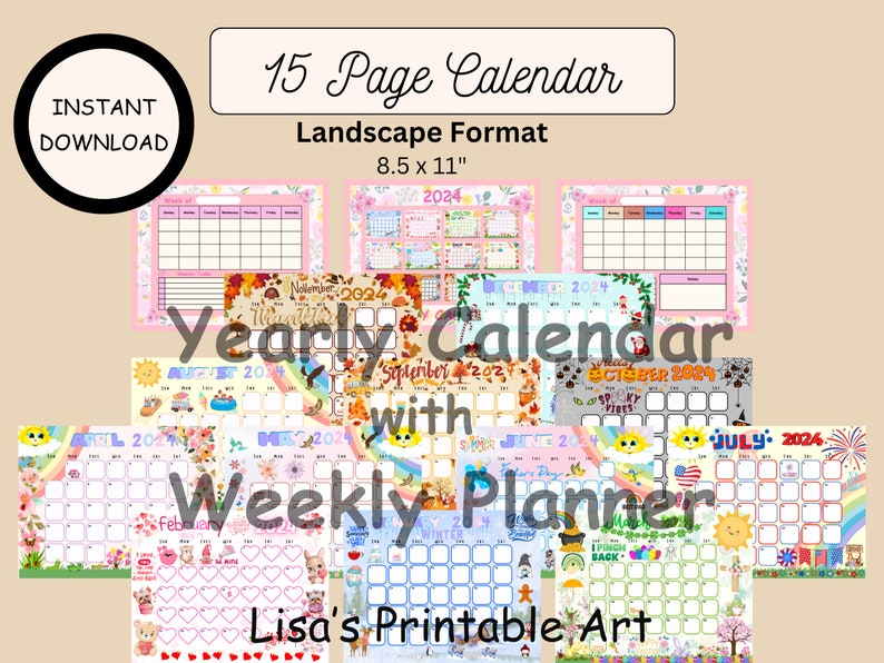 2024 Calendar 12 Month Weekly Planner 2024 Printable Etsy