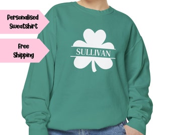 Trifoglio personalizzato, cognome personalizzato, felpa del giorno di San Patrizio, maglione personalizzato, maglione irlandese, felpa fortunata, San Patrizio da donna