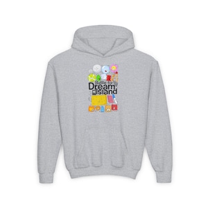 May include: A light gray hoodie featuring a colorful graphic from "Battle for Dream Island." The graphic includes various cartoon characters and the show's title. The hoodie has a front pocket and a hood.