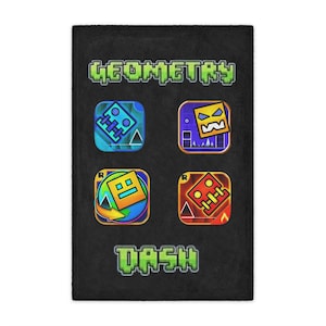 May include: Black rectangular blanket featuring the words "GEOMETRY DASH" in pixelated green font. The blanket has four colorful square designs with geometric shapes and icons.