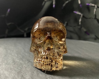 Clear & Brown Speckled Resin Skull Art | Skull Decoration | Epoxy Skull | Human Skull (3") | Bookshelf Decoration | Paperweight | Figurine