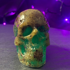 Emerald Green & Sawdust Resin Skull Art | Skull Decoration | Epoxy Skull | Human Skull (3") | Bookshelf Decoration | Paperweight | Figurine