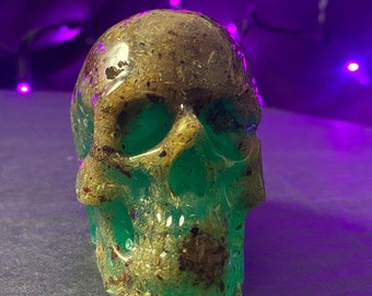 Emerald Green & Sawdust Resin Skull Art | Skull Decoration | Epoxy Skull | Human Skull (3") | Bookshelf Decoration | Paperweight | Figurine