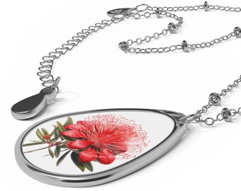 New Zealand Pohutukawa flower Oval Necklace,  gift for wife or girlfriend valentines genuine NZ souvenir gift