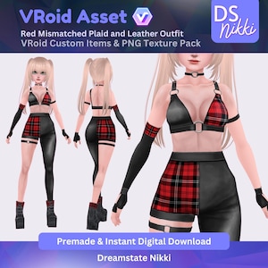 VRoid Studio Outfit – Red Mismatched Plaid & Leather Set, VTuber Clothes PNG Textures