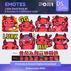 May include: A digital graphic pack featuring eight red devil emotes with different expressions and text overlays such as "GG" and "LURK." The pack is titled "Little Devil Pack #1" and includes multiple sizes.