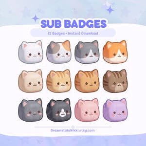 Badges secondaires Cat Twitch, émoticônes d'animaux kawaii mignons, icônes de flux pastel, pack de badges gamer cosy
