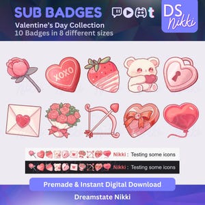 Emblemas de inscrição do Twitch para o Dia dos Namorados | Emblemas de transmissão com tema de amor kawaii para Twitch, YouTube, Discord e TikTok