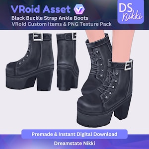 VRoid Studio Outfit – Black Buckle Strap Ankle Boots, VTuber Clothes PNG Textures