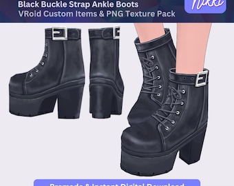 May include: Black ankle boots with a buckle strap and thick platform soles. The boots are made of a textured leather-like material and have a lace-up front. VRoid Custom Items & PNG Texture Pack.
