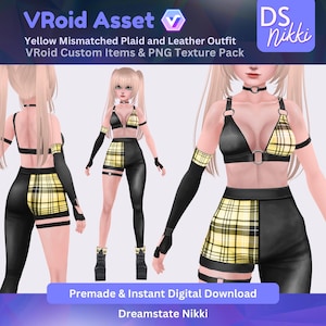 VRoid Studio Outfit – Yellow Mismatched Plaid & Leather Set, VTuber Clothes PNG Textures