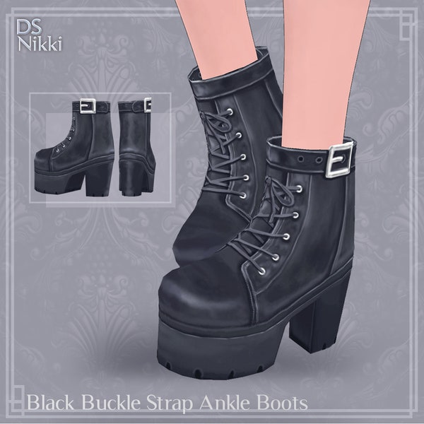 Vroid Black Buckle Strap Ankle Boots Texture PNG Cute Vtuber Assets Vtube Vtubing Twitch