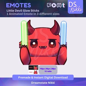 May include: A red cartoon devil character holding green and blue glow sticks. The image includes the text "EMOTES", "Little Devil Glow Sticks", and "1 Animated Emote in 3 different sizes". The image also includes the text "Premade & Instant Digital Download" and "Dreamstate Nikki".