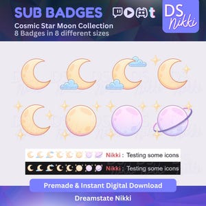 Kawaii Twitch Sub Badges – Cosmic Star Moon Stream Emotes