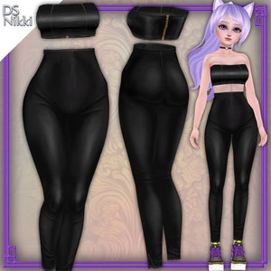 Vroid Vibrant Night Black Leather Strapless Top and Pants Set Clothing Textures PNG Cute Vtuber Assets Vtube Vtubing Twitch
