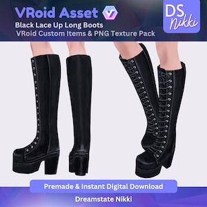 VRoid Studio Outfit – Black Lace Up Long Boots, VTuber Clothes PNG Textures