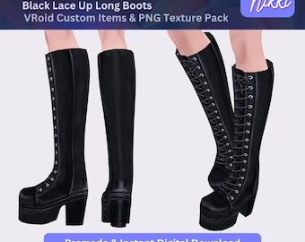 VRoid Studio Outfit – Black Lace Up Long Boots, VTuber Clothes PNG Textures