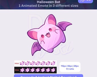 Puede incluir: Gráfico digital de un murciélago de Halloween animado y lindo en tonos rosa y morado. La imagen incluye el texto "EMOTES Halloween Bat" y "Premade & Instant Digital Download". El murciélago se muestra en tres tamaños diferentes.