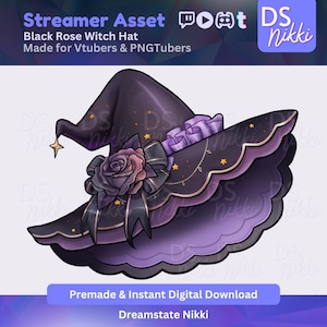 Kawaii Witch Hat Vtuber Asset | Black Rose Halloween PNG Prop for Vtube, Pngtuber, Streamer, Twitch Overlay, Cute Goth Stream Decor