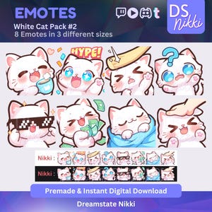 White Cat Twitch Emotes: Kawaii Stream Assets for Twitch, Discord, YouTube (PNG Download) #2