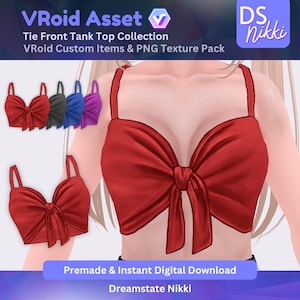 May include: A collection of four tie-front tank tops with a bow detail. The tops are in black, blue, purple, and red. VRoid Asset Tie Front Tank Top Collection VRoid Custom Items & PNG Texture Pack Premade & Instant Digital Download Dreamstate Nikki DS Nikki