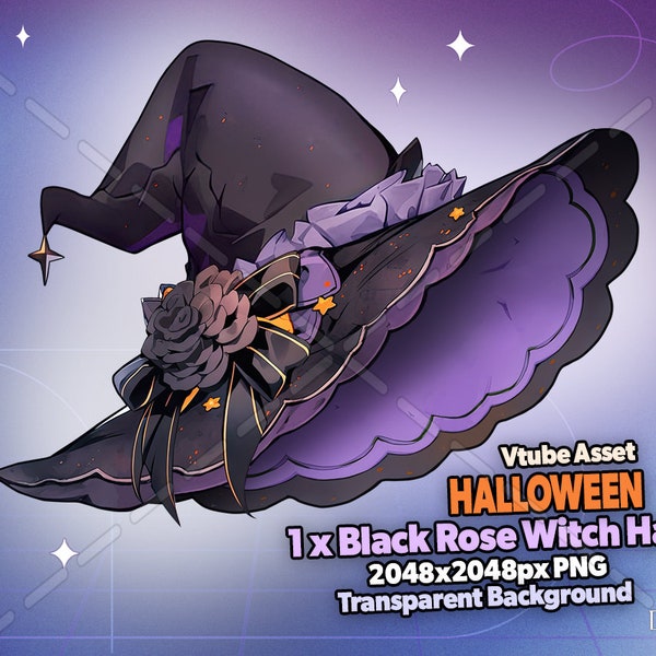 Vtuber Assets Halloween Black Rose Witch Hat, Vtube, Vtuber, Streamer, Twitch, Cute, Kawaii, Spooky, Youtube, Stream Decoration