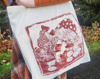 Handprinted Mushroom Tote Bag