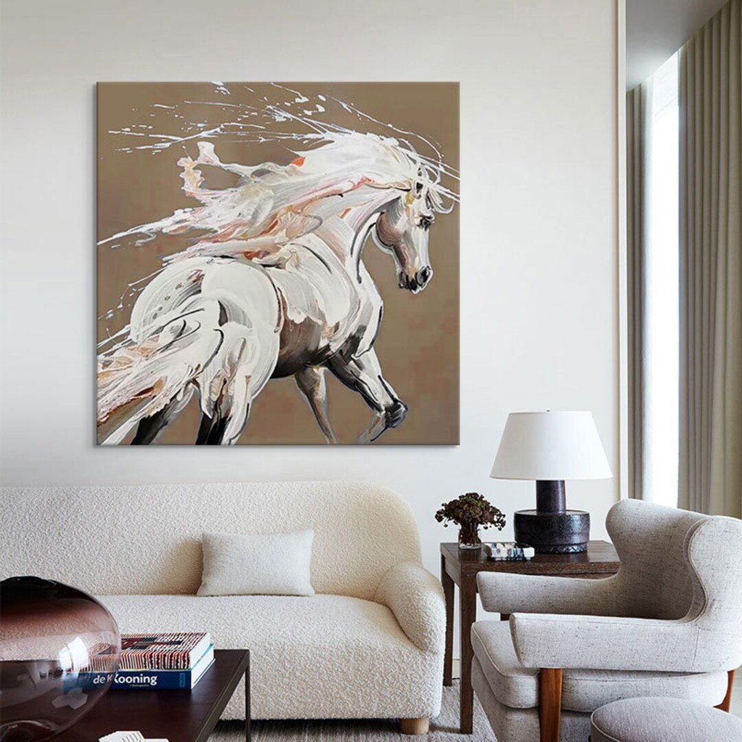 Modern Style Running White Horse Oil Painting on Canvas,original Wall