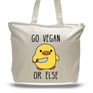 Cute Zipper-Top Vegan Canvas bag with Go Vegan or Else image 1