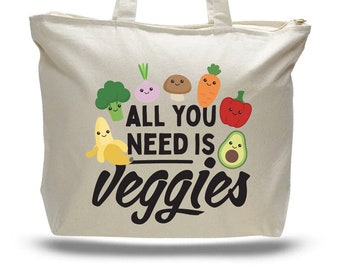 Cute Zipper-Top Vegan Canvas bag - "All You Need Is Veggies"