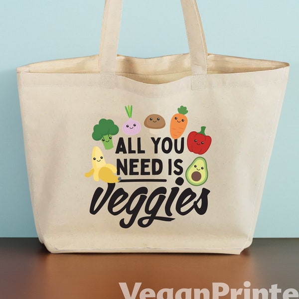 All You Need is Veggies Tote -  Holiday Gifts for the Vegans in your life! use as a market bag, beach bag, travel tote and more!