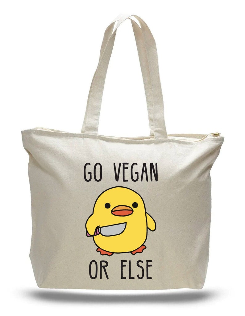 Cute Zipper-Top Vegan Canvas bag with Go Vegan or Else image 1