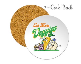 Vegan Coasters with Cork Back "Eat More Veggies"