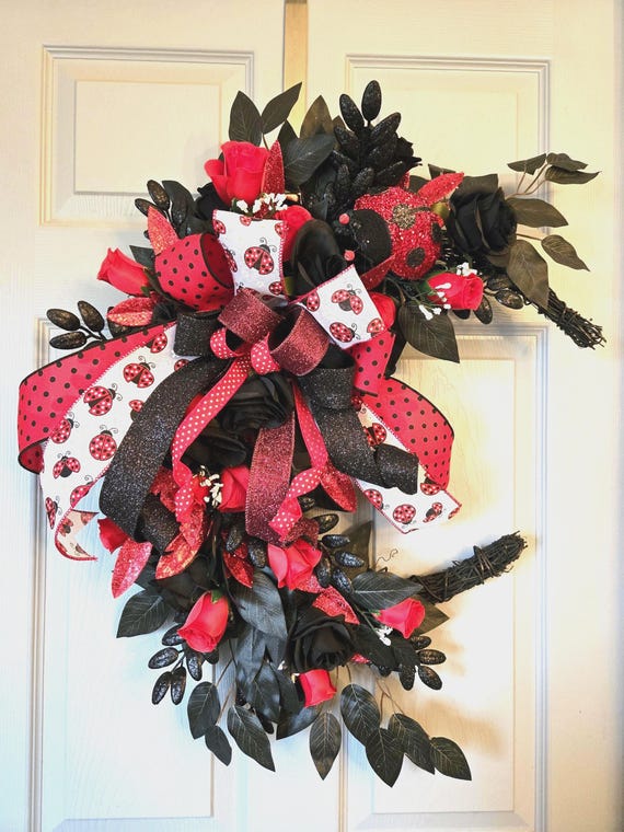 Retro and Fun Spring Lady Bug Wreath. This wreath will add a special charm to your door or office.